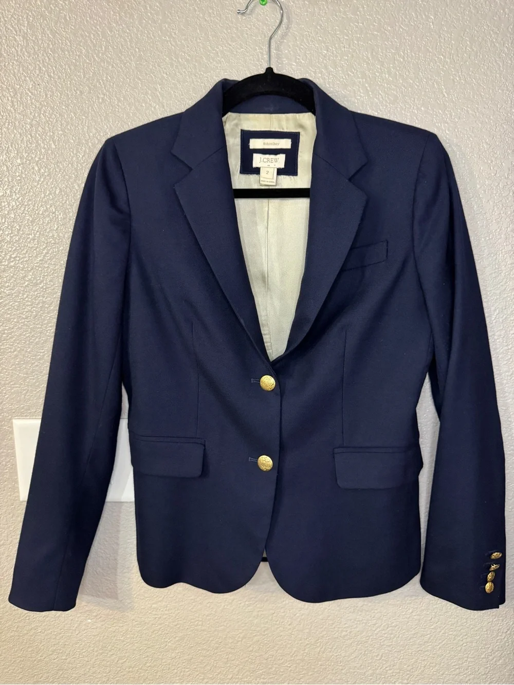 J.Crew Schoolboy Navy Wool Blend Gold Button Blazer Size 2 Preppy Academia